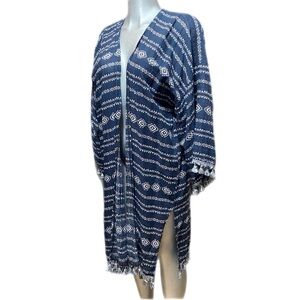 Boho Navy Blue Kimono Duster Cardigan Aztec Print Open Front Fringe Hem One Size